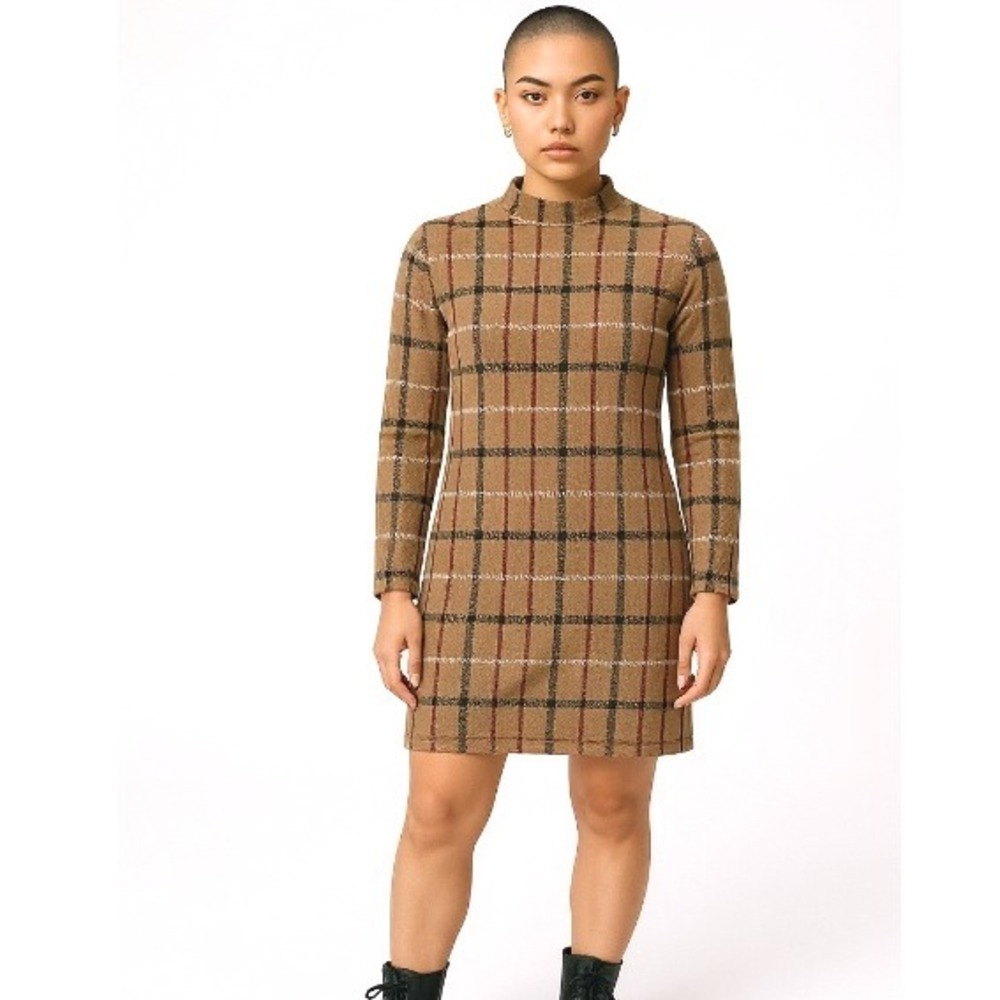 Rachel Zoe Plaid Midi Sweater Dress Long Sleeve Mock Neck Tan Brown S-Old Money‎